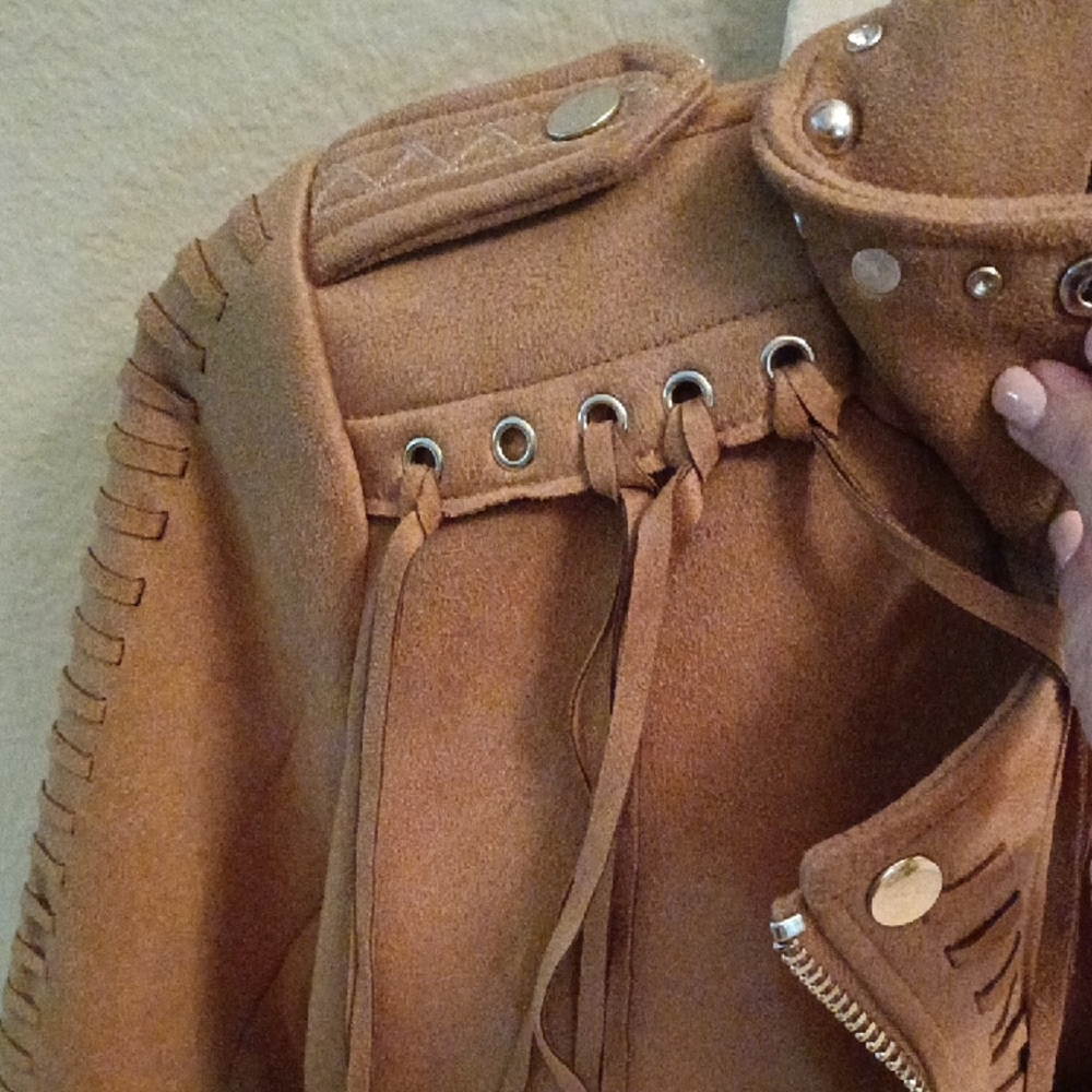 Zara Tan Suede Fringe & Stud Moto Jacket - Picture 3 of 4